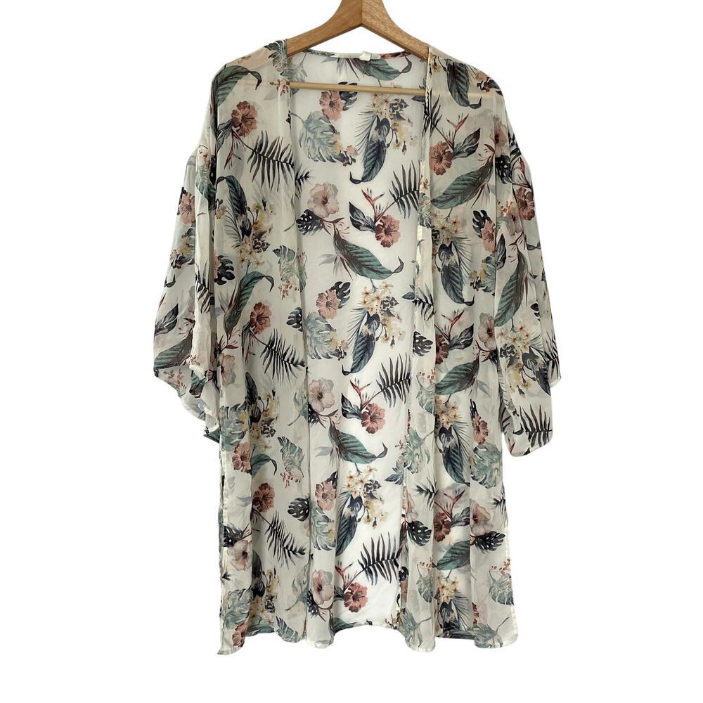 Emerald floral leaf kimono coverup robe women's size M sheer flowy sleeve style